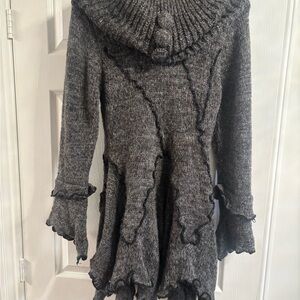 Elegant Charcoal Grey Women's Cowl Neck Long Stretchy Wool/AcrylicSweater-Tunic